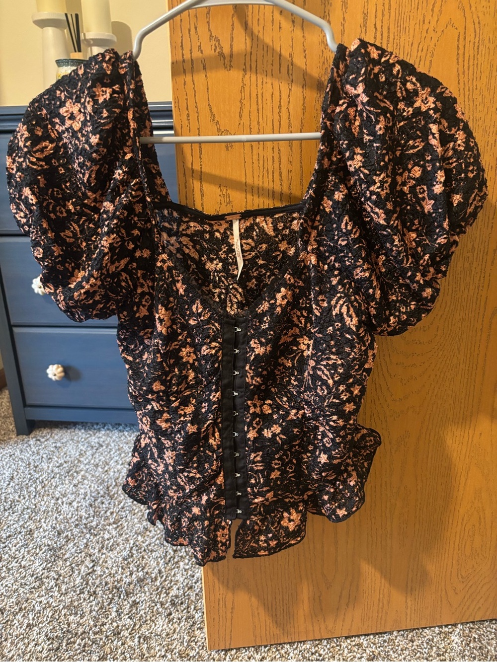 Free People Black Puff-Sleeve Floral Corset Top